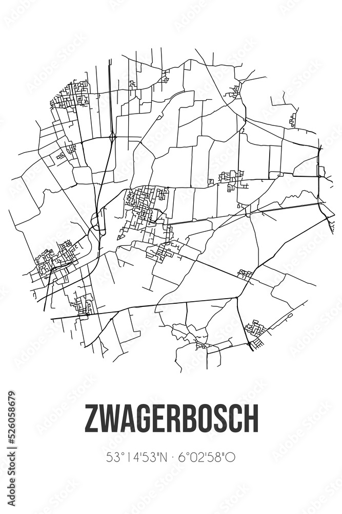 Abstract street map of Zwagerbosch located in Fryslan municipality of Noardeast-Fryslan. City map with lines