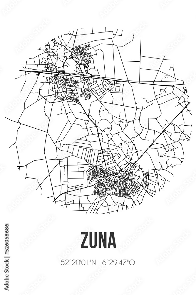 Abstract street map of Zuna located in Overijssel municipality of Wierden. City map with lines