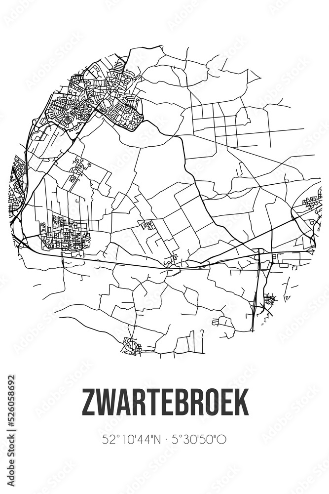 Abstract street map of Zwartebroek located in Gelderland municipality of Barneveld. City map with lines