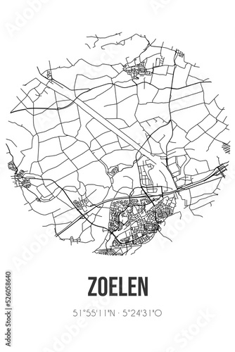 Abstract street map of Zoelen located in Gelderland municipality of Buren. City map with lines