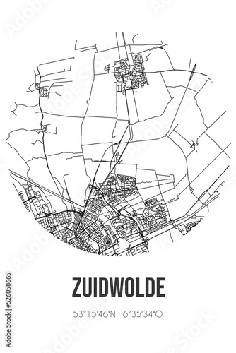 Abstract street map of Zuidwolde located in Groningen municipality of Het Hogeland. City map with lines