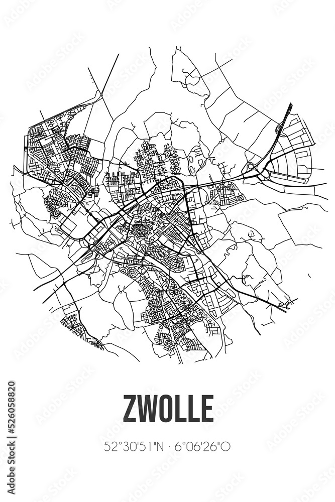 Abstract street map of Zwolle located in Overijssel municipality of Zwolle. City map with lines