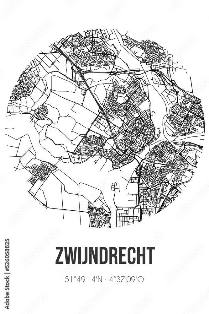 Abstract street map of Zwijndrecht located in Zuid-Holland municipality of Zwijndrecht. City map with lines