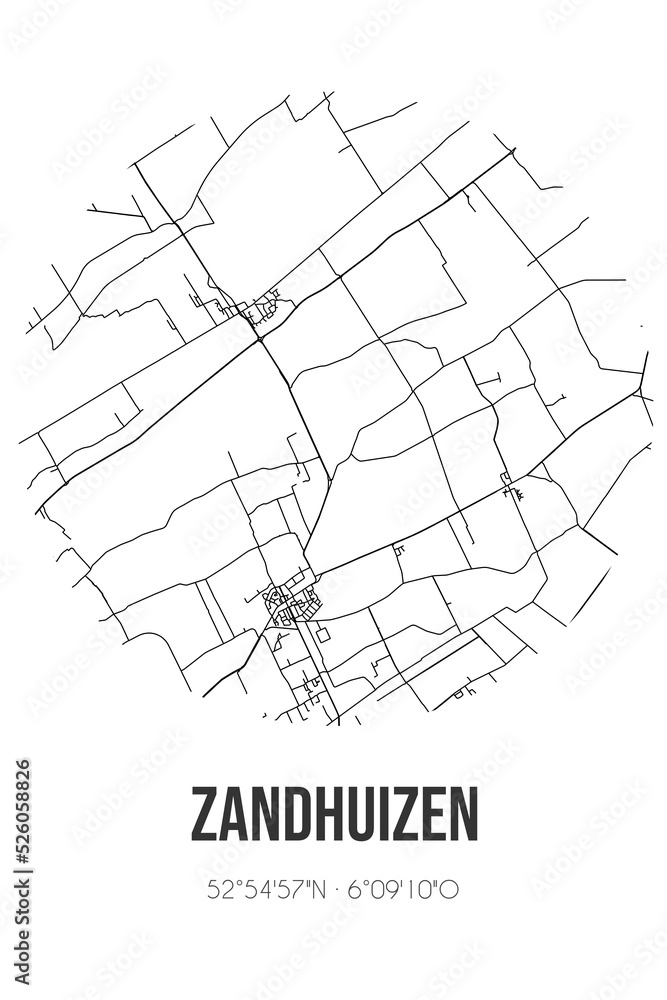 Abstract street map of Zandhuizen located in Fryslan municipality of Weststellingwerf. City map with lines