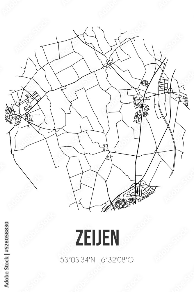 Abstract street map of Zeijen located in Drenthe municipality of Tynaarlo. City map with lines