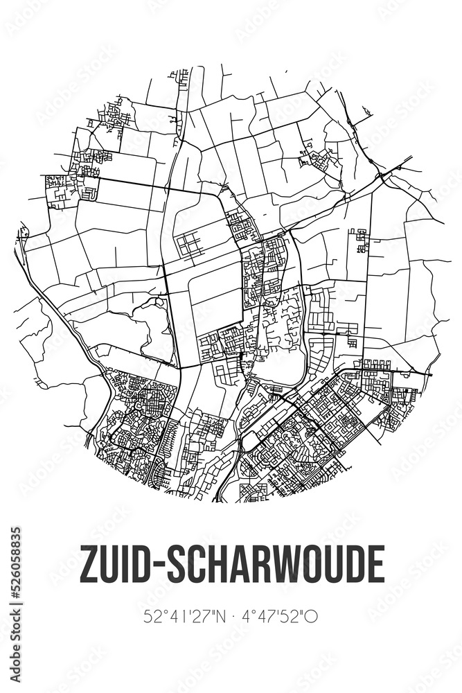 Abstract street map of Zuid-Scharwoude located in Noord-Holland municipality of Langedijk. City map with lines