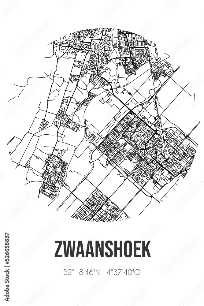 Abstract street map of Zwaanshoek located in Noord-Holland municipality of Haarlemmermeer. City map with lines