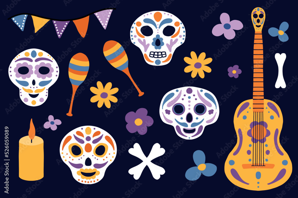 Day of the dead set. Day of the Dead in Mexico. Vector illustration. Collection of skulls, maracas, guitar, bones. Day of the dead set. Day of the Dead in Mexico. Vector illustration. Collection of skulls, maracas, guitar, bones.