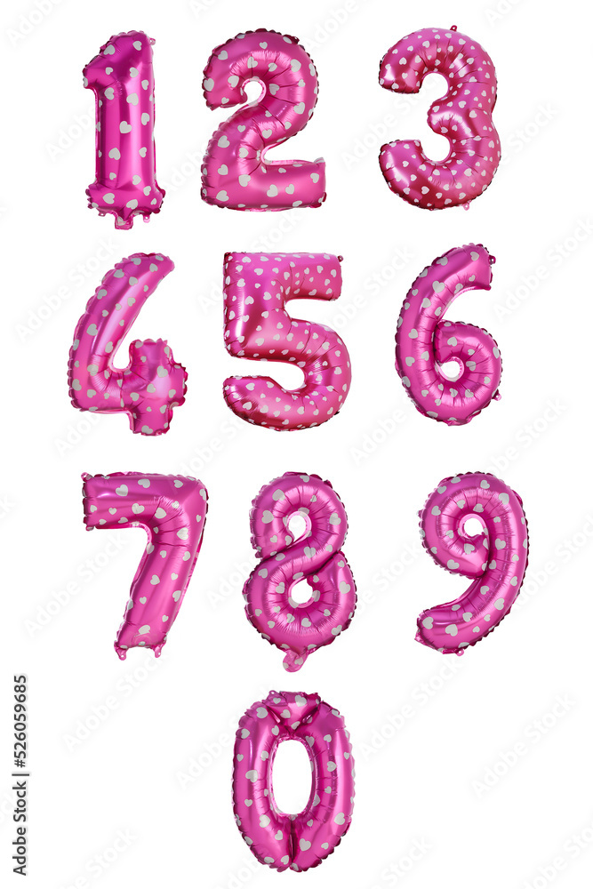 A picture of a set of pink helium balloons in the shape of numbers from one to zero. The pink polka dot balloons are isolated on a white background. Front view. A picture of a set of pink helium balloons in the shape of numbers from one to zero. The pink polka dot balloons are isolated on a white background. Front view.