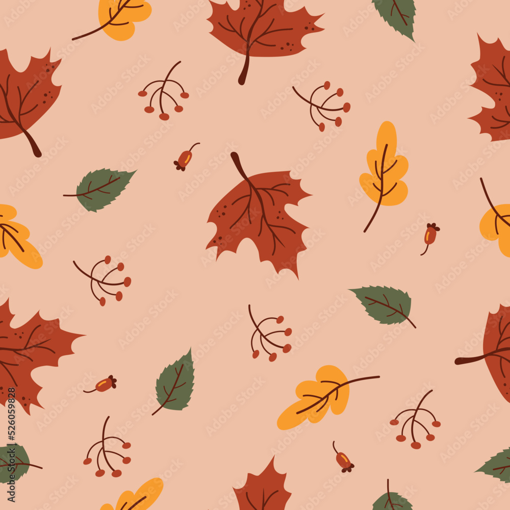 Seamless pattern with acorns and autumn oak leaves in Orange, Beige, Brown and Yellow. Perfect for wallpaper, gift paper, pattern fills, web page background, autumn greeting cards.