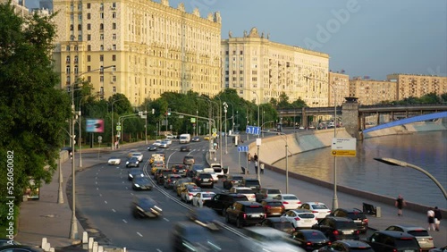 City traffic on the Smolenskaya embankment along the Moscow river. Timelapse