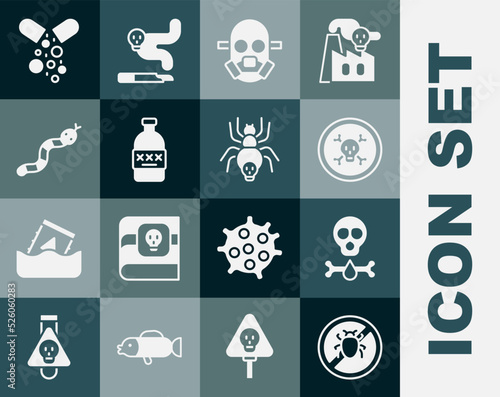 Set Stop colorado beetle, Bones and skull, Gas mask, Poisoned alcohol, Snake, pill and Poisonous spider icon. Vector