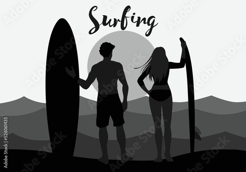 Silhouettes of young men and women surfing in swimsuits with surfboards on the beach with strong waves, and on a white background. Vector design illustration.