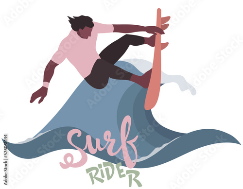 Young man in swimwear surfing and big wave in sea or ocean. Happy surfers in beachwear with surfboards isolated on the sea wave background. Vector design illustration. 