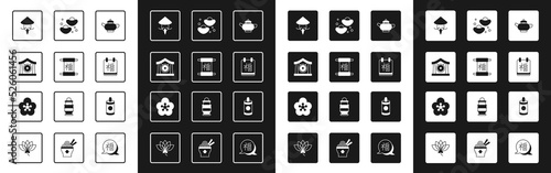 Set Chinese tea ceremony, New Year, Gong musical instrument, Asian or conical straw hat, fortune cookie, Firework and Lotus flower icon. Vector