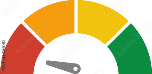 Vector meter with arrow for dashboard with green, yellow, red indicators. Gauge of tachometer. Low, medium, high and risk levels. Bitcoin fear and greed index cryptocurrency