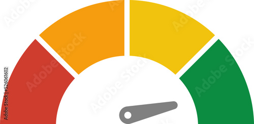 Vector speedometer meter with arrow for dashboard with green, yellow, red indicators. Gauge of tachometer. Low, medium, high and risk levels. Bitcoin fear and greed index cryptocurrency
