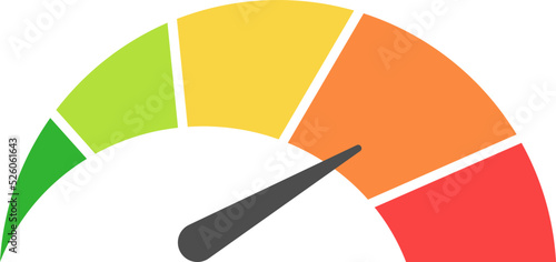Vector speedometer meter with arrow for dashboard with green, yellow, red indicators. Gauge of tachometer. Low, medium, high and risk levels. Bitcoin fear and greed index cryptocurrency