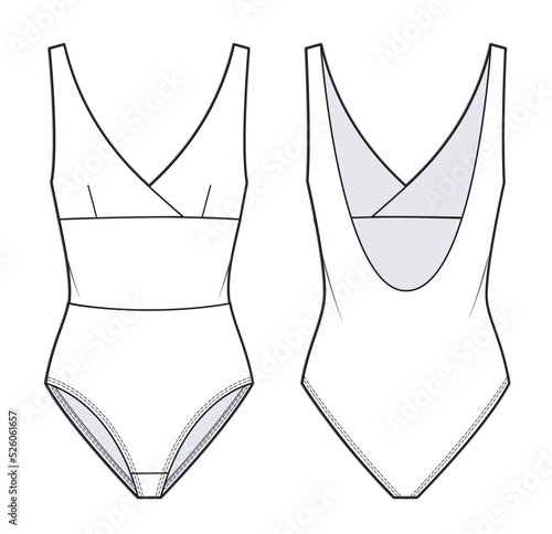 Women's Bodysuit fashion technical drawing template. Swimsuit technical fashion Illustration, v neckline, open back, wrap top, front and back, white colour, CAD mockup.