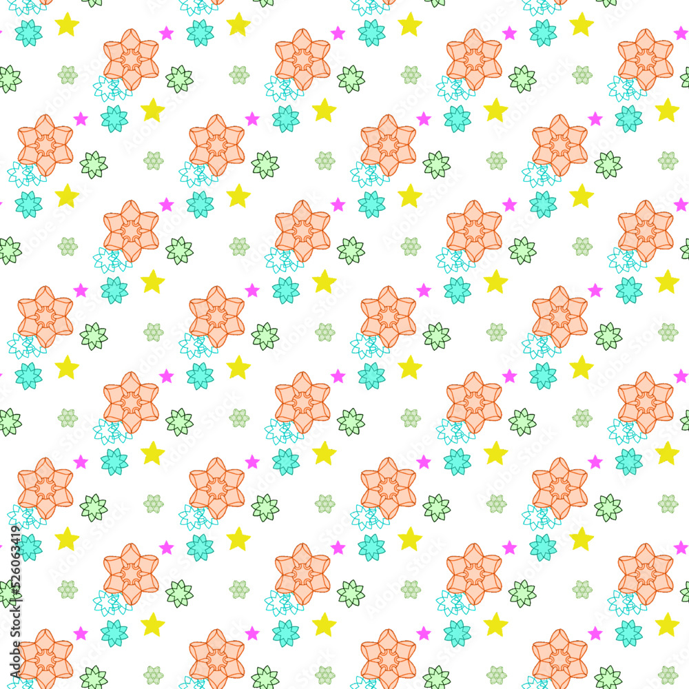 seamless pattern with abstract pretty flowers and stars