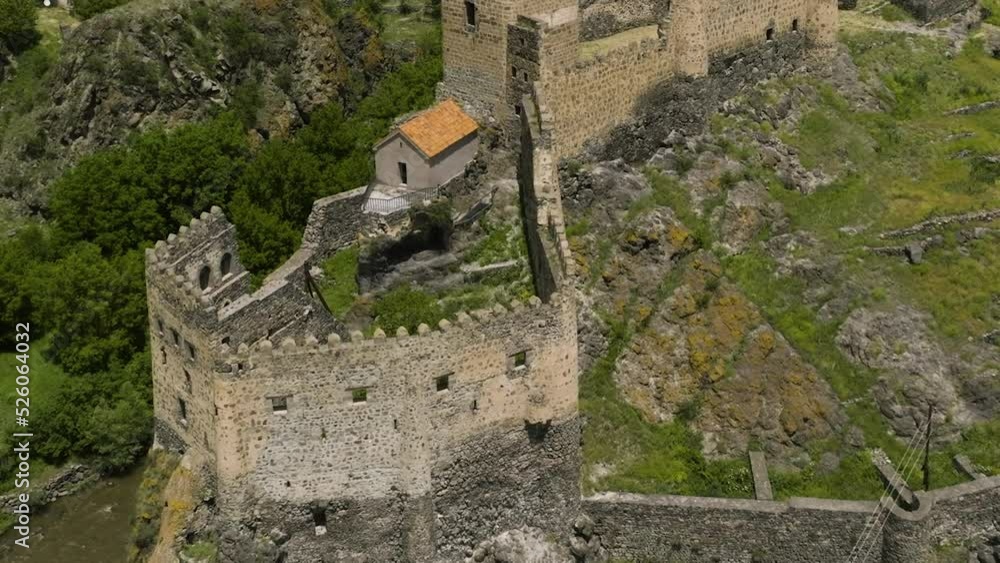 Drone Ascending On Abandoned Ruined Fortress Of Khertvisi In Aspindza, Georgia. Aerial Drone Shot Drone Ascending On Abandoned Ruined Fortress Of Khertvisi In Aspindza, Georgia. Aerial Drone Shot