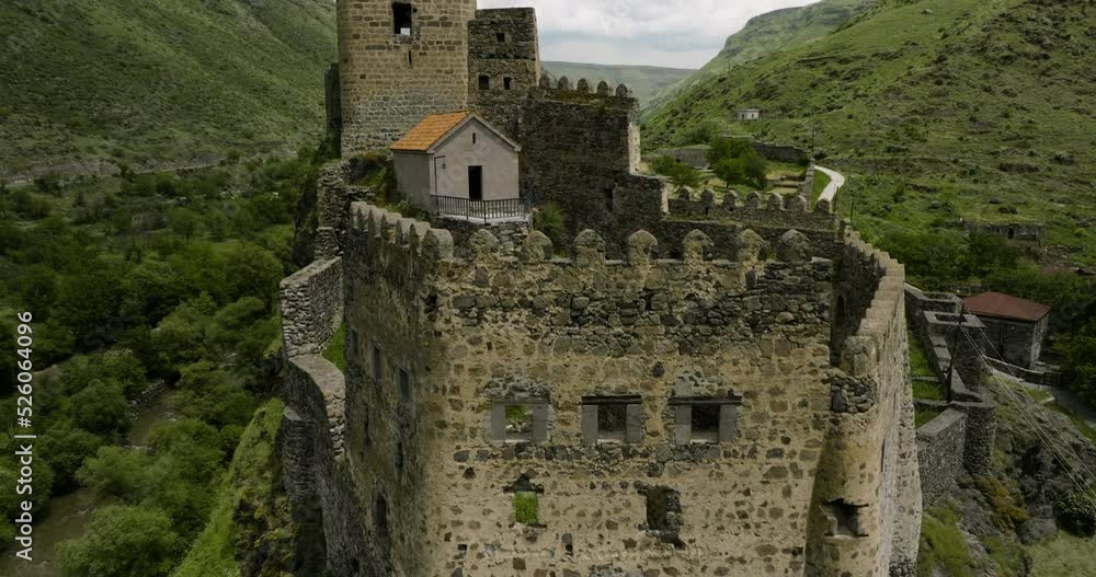 Approaching Across Historical Monument Of Khertvisi Fortress Ruins In Meskheti, Georgia. Aerial Shot Approaching Across Historical Monument Of Khertvisi Fortress Ruins In Meskheti, Georgia. Aerial Shot