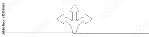 Arrows in three directions icon line continuous drawing vector. One line Arrows in three directions icon vector background. Arrows in three directions icon. Continuous outline of a Arrows in three dir photo