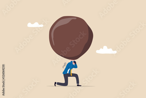 Work responsibility, pressure or problem, debt burden or difficulty challenge, struggle, or overworked, effort or punishment concept, tired businessman carry heavy weight rock boulder in atlas pose. photo