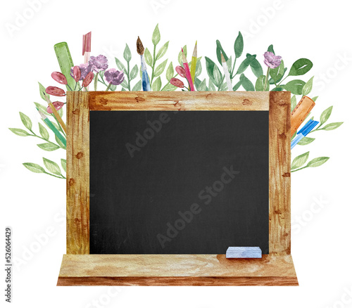Watercolor Blackboard Frames with flowers. Wooden Chalkboard background with flowers and place for text. Without text board.
