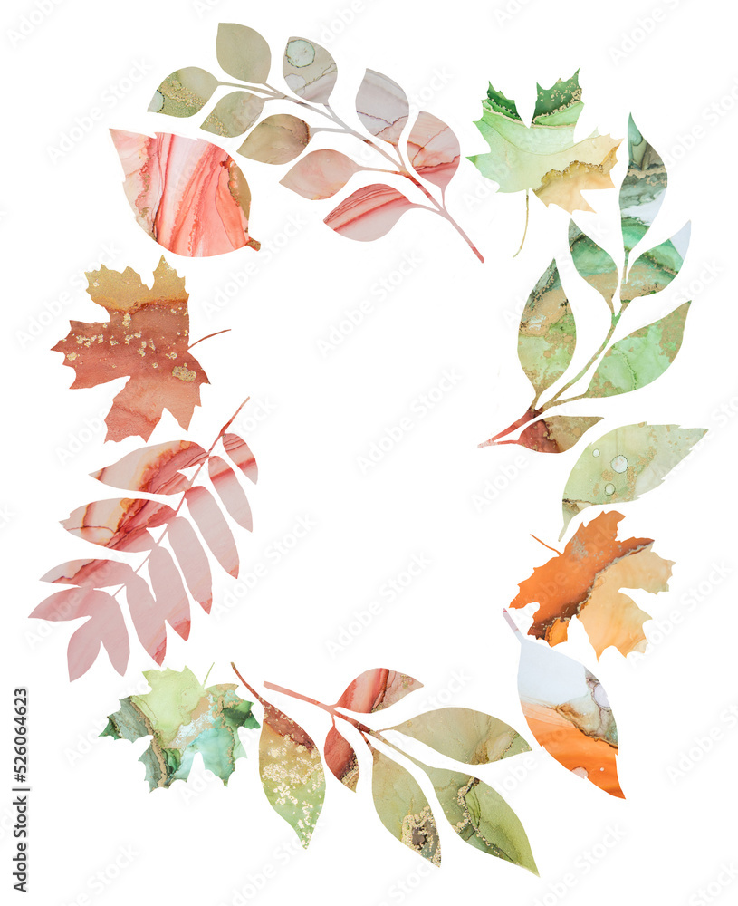 Autumn collection with isolated maple and seasonal leaves isolated on white background. Pink, orange and green ink with gold