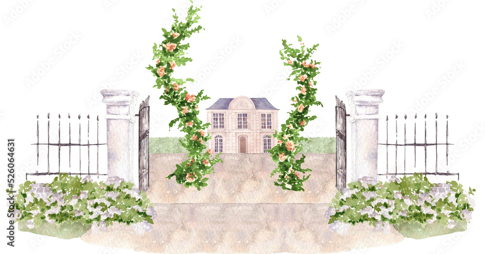 Watercolor wedding arch landscape, wedding venue village design, manor house, rustic wedding, invitation background, vintage architecture, arches, garden, greenery, flowers