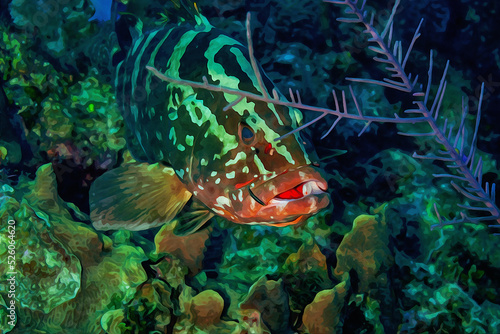 Digitally created watercolor painting of an adult Nassau Grouper