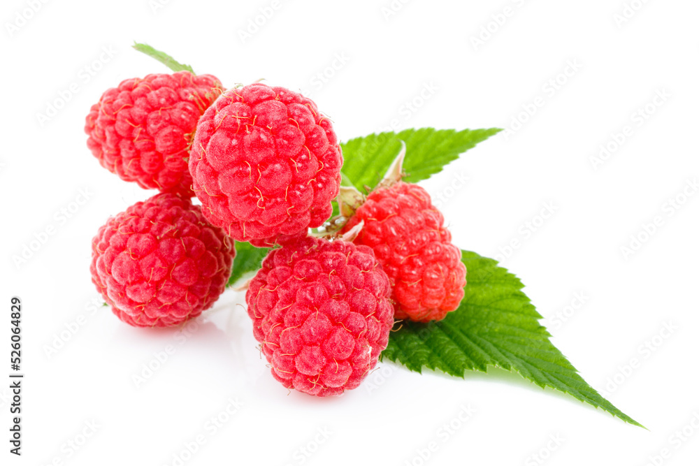 Ripe red raspberries with green leaves on a white background. Ripe red raspberries with green leaves on a white background.