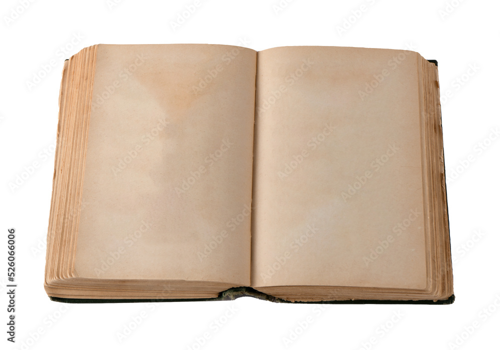 Fototapeta premium Pages of an old open book. Yellow page piece of paper. Blank spread with space for text. Top view. Copy space.