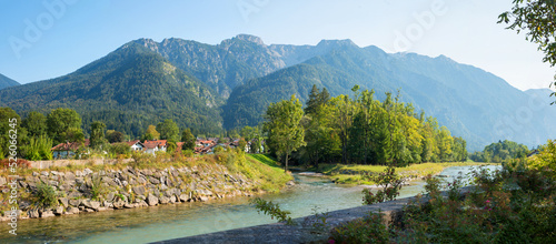 Loisach river tourist destination Eschenlohe, view to Estergebirge mountains