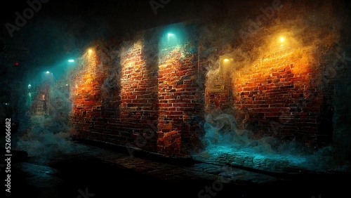 Dark empty old night street  with old brick walls with neon lights. Smoke  smog  textured brick walls illustration