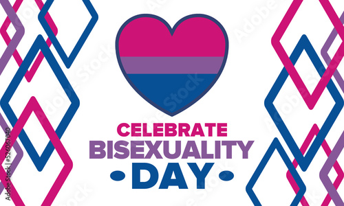 Celebrate Bisexuality Day. Bisexual Pride and Bi Visibility Day. Bisexual flag. Coming out. Celebrated annual in September 23. Festival and parade. Poster, card, banner, template, background. Vector