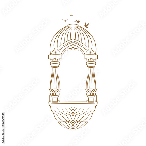Jharokha vector illustration. Window architecture illustration. Jharokha with Birds illustration. Line art arch illustration. Flying Birds illustration. Rajasthani Jharokha vector.