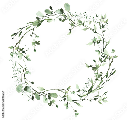 Watercolor greenery frame on white background. Wild green, emerald branches, leaves and twigs wreath.