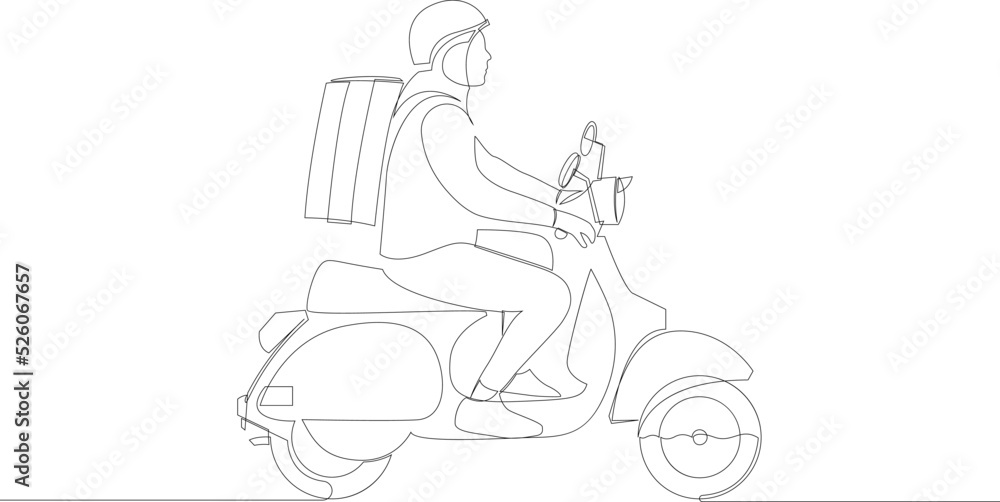Continuous line drawing of delivery man ride scooter motorcycle. One line art vector.