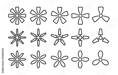 Ceiling fans. Top view. Home electric ventilators. Fan blades and propellers. Vector icon set