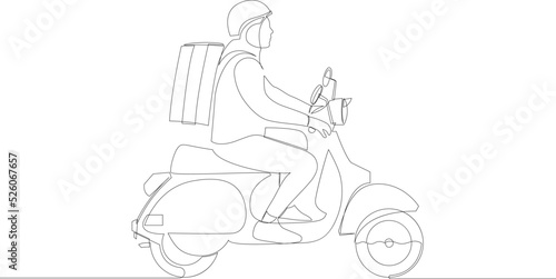 Continuous line drawing of delivery man ride scooter motorcycle. One line art vector.