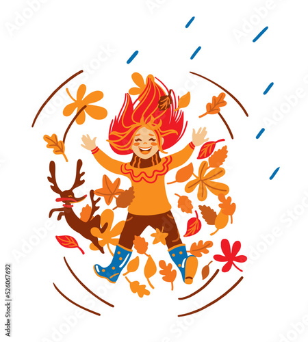 Small girl making angel in autumn leaves.  Funny games in the autumn. Kids illustration. Vector.
