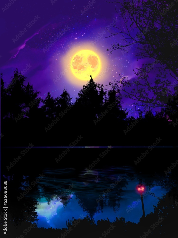 神秘的な深い森の夜景と湖に反射した輝く満月の幻想的な背景イラスト