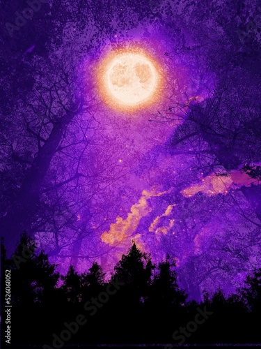 fantastic halloween background illustration of mysterious deep forest night scene and big beautiful full moon.