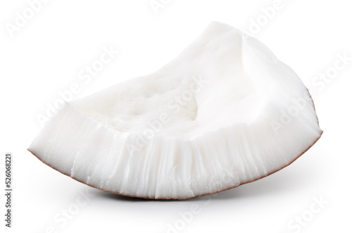 Coconut piece isolated. Coconut slice on white background. Broken white coco piece with clipping path. Full depth of field.