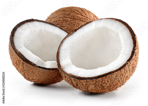 Coconut isolated. Coconut half and whole on white background. Broken white coco. Full depth of field.