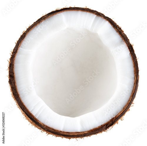 Coconut half isolated. Coconut top view on white background. Broken white coco, round slice. Full depth of field.