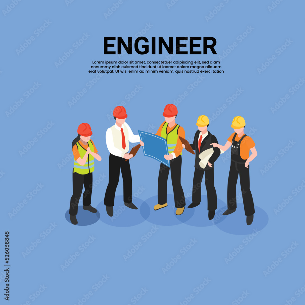 Technician and builders and engineers isometric 3d vector illustration concept for banner, website, illustration, landing page, flyer, etc. - obrazy, fototapety, plakaty 