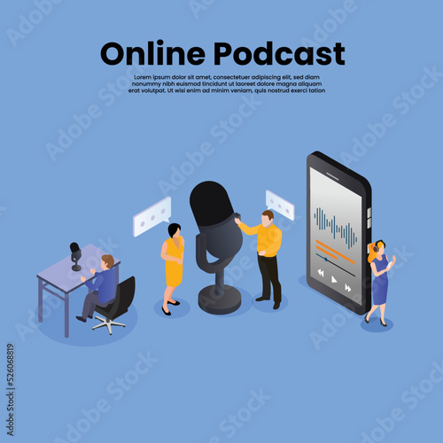 Online podcast isometric 3d vector illustration concept for banner, website, illustration, landing page, flyer, etc.